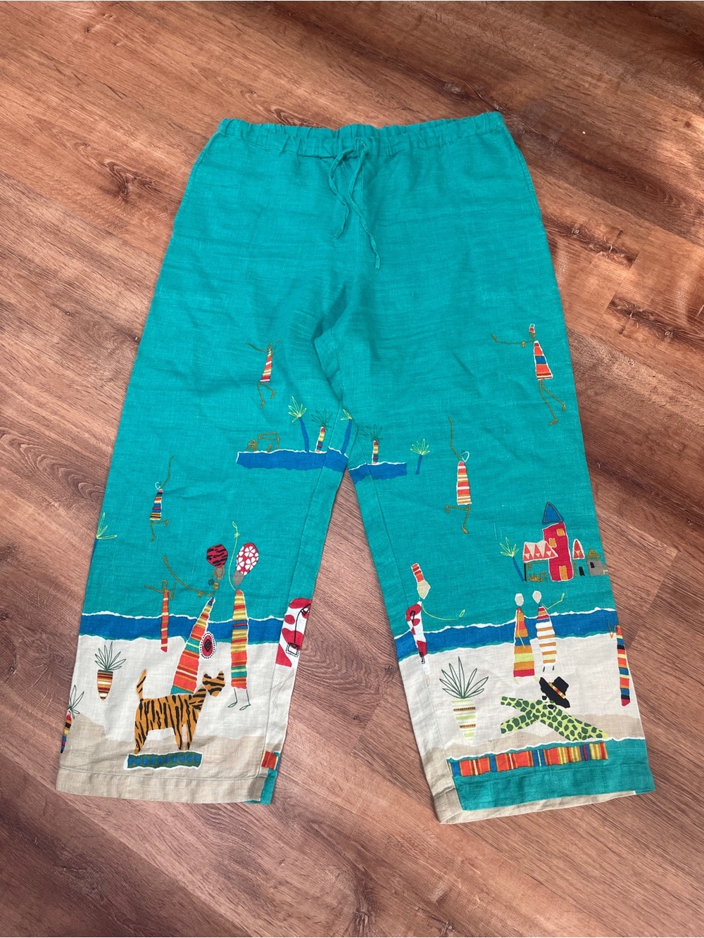 Chico’s Design Vintage 100% Linen Pants Size XL Art To Wear Artsy Beach Scene
